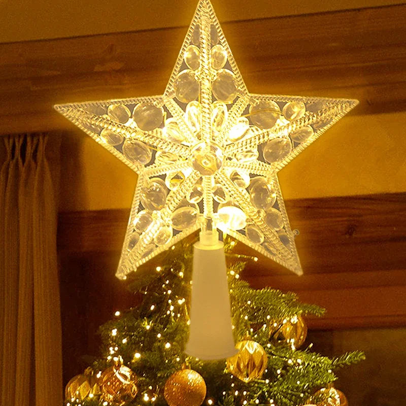 Christmas Tree Top LED Lights Glowing Five-pointed Star Lamps Sparkling Night Light Xmas Tree Top Ornaments New Year Party Decor