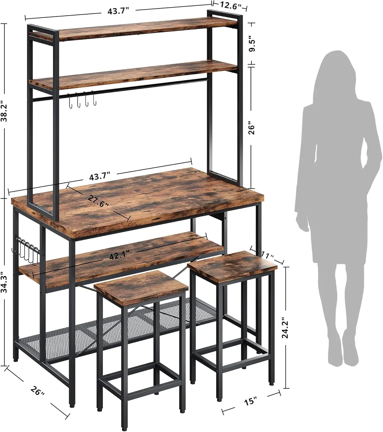 جزيرة المطبخ مع البراز، مجموعة طاولة الطعام، طاولة القهوة الصناعية، 10 خطافات، بني عتيق