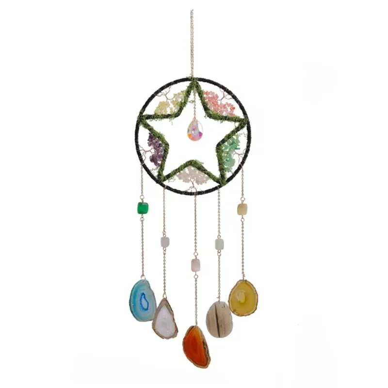 Modern Natural Crushed Stone Suncatcher Tree of Life Dreamcatcher Hanging Ornament Agate Five Pointed Star Wind Chime Birthday