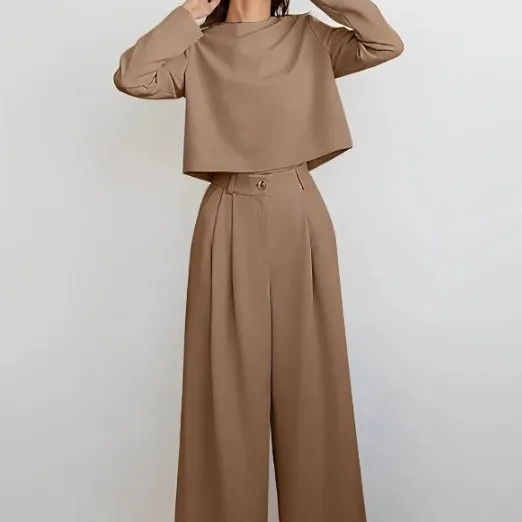 2024 New Autumn and Winter Casual Temperament Commuter Fashion Long-sleeved Trousers Solid Color Two-piece Set for Women