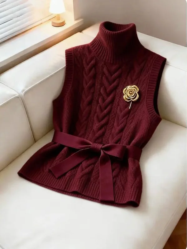 

Корейский винтажный свободный вязаный жилет с высоким воротником, модный женский свитер винного цвета, мягкий материал, зимний сезон 2026