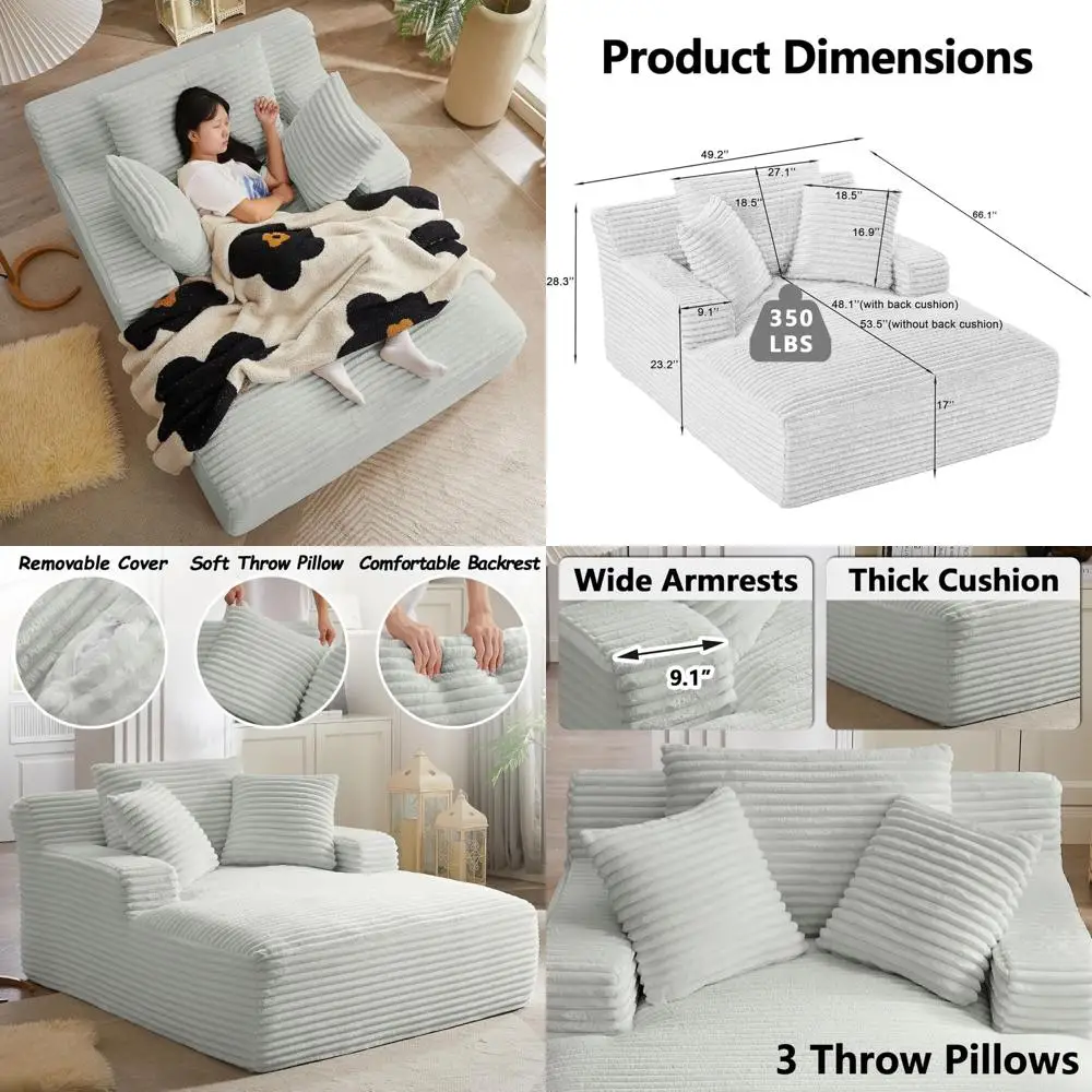 50 Boneless Couch, Oversized Chaise Lounge Sofa, Corduroy Chaise Lounge Chair Indoor with Comfy Pillows for Living Room Bedroom,