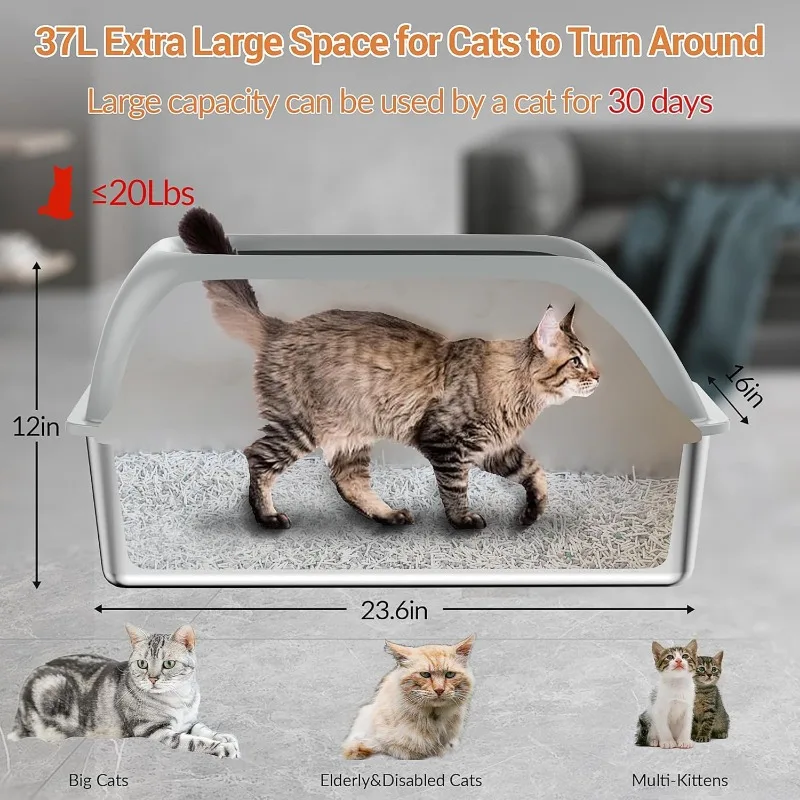 Stainless Steel Litter Box with Lid, XL Extra Large Metal Cat Litter Box for Big Cats, High Sided Design with Scoop & Pedal