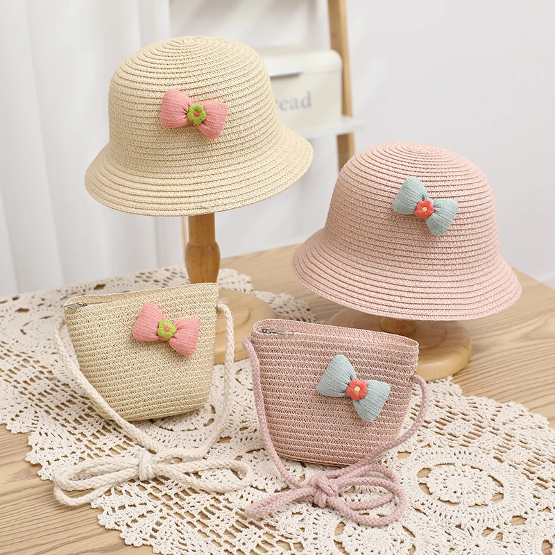 Kids Girls Large Wide Brim Straw Woven Sunshade Beach Hat Colorful Pompom Ball Summer Floppy Sun Cap Handbag for Girls Baby