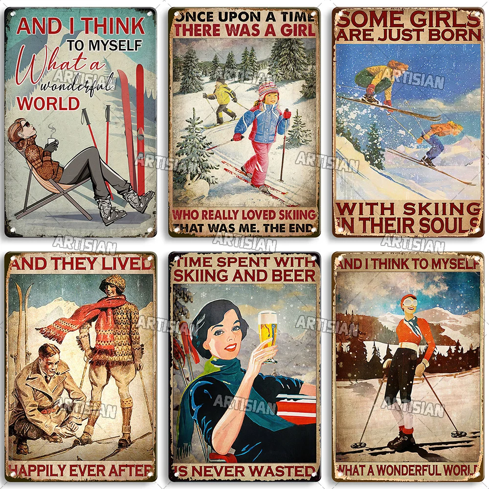 Artisian Skiing Metal Sign Sledding Tin Poster Snowboarding Decorative Plate Sport Wall Decor Garage Bar Pub Club Hotel Cafe