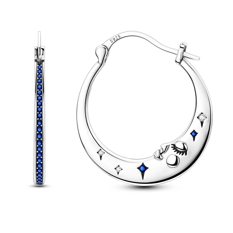 

Moon Star Earrings Original 925 Sterling Silver Women Blue Zircon Ear Studs Sparkling Pave Hoop Earring Jewelry Gift