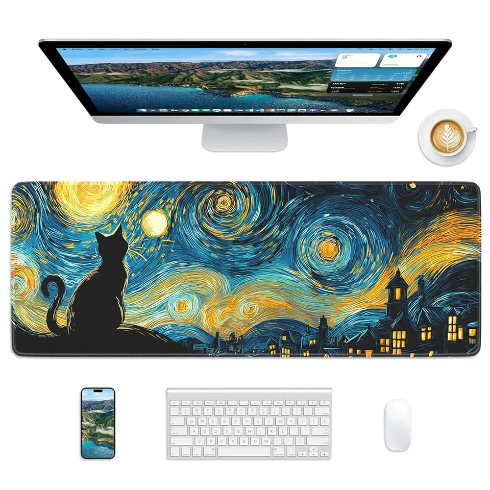 

Коврик для мыши Velluxion Van Gogh Cat, 31,5 x 11,8 дюймов, большой настольный коврик с прошитыми краями и нескользящим основанием, коврик для мыши для офиса, дома