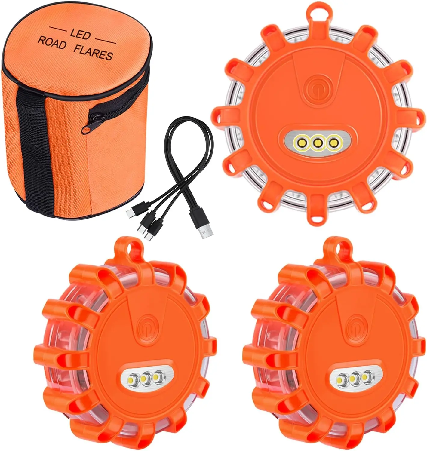 

USB C Rechargeable LED Road Flares, 3 Pack, 9 Strobe Modes, Magnetic Base, Emergency Warning Lights for Vehicles & Boat