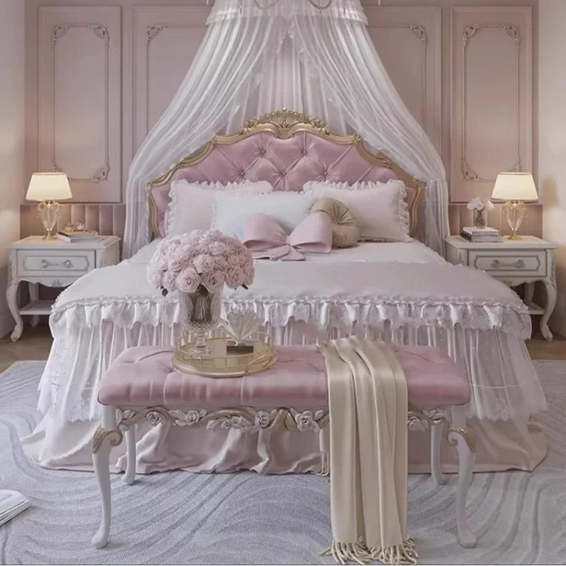 

Bedroom Double Bed 180x200cm French Entry Lux Fantasy Girl Princess Bed Girls' European-Style Solid Wood Fabric Bed American