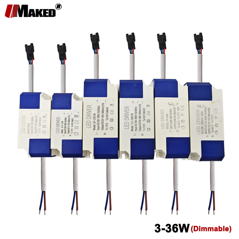 5PC AC-DC LED Driver 3Color Dimmable 3-5W4-7W 8-12W 12-18W 18-24W 25-36W 300mA Power Supply Bulb Downlight Lighting Transformers