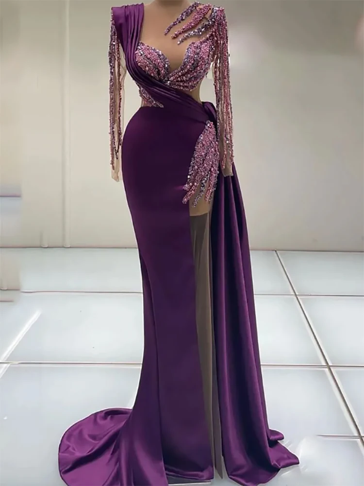 Illusion Purple Lace  Sequins Satin   Sweetheart Long Sleeve Beaded  Formal  Evening Dresses  Prom Party Gown Mermaid  Custom