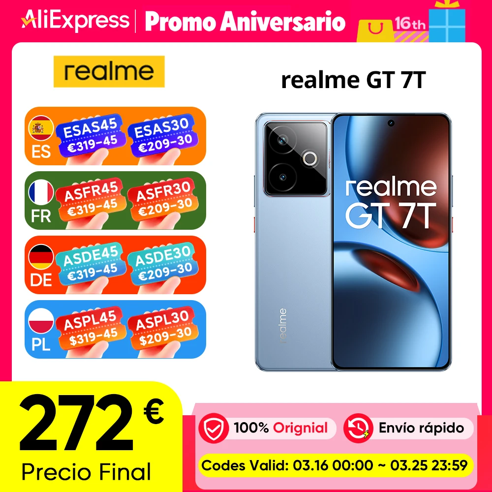 Versión EU del teléfono inteligente realme GT 7T 5G con Dimensity 8400-MAX, pan…