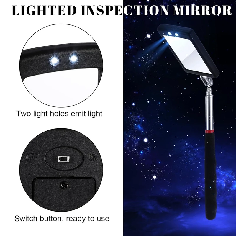 AT02-6Pcs LED Telescoping Inspection Mirror,Retractable LED Mechanical Mirror Tool,Retractable Under Vehicle Detection Mirror