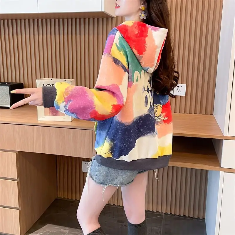 Womens Hoodies Rainbow Striped Long-sleeved T-shirt Spring Autumn New Loose Thin Casual Oversized Hooded Sweatshirt Women Tops
