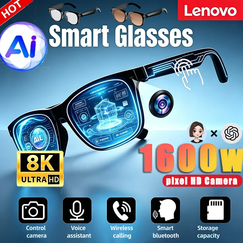 Lunettes Intelligentes Lenovo HOT 8K AI avec Caméra 1600w, Appel Bluetooth, Musique, Lunettes de Soleil pour Hommes, Contrôle AI, Traduction, Anti-lumière Bleue