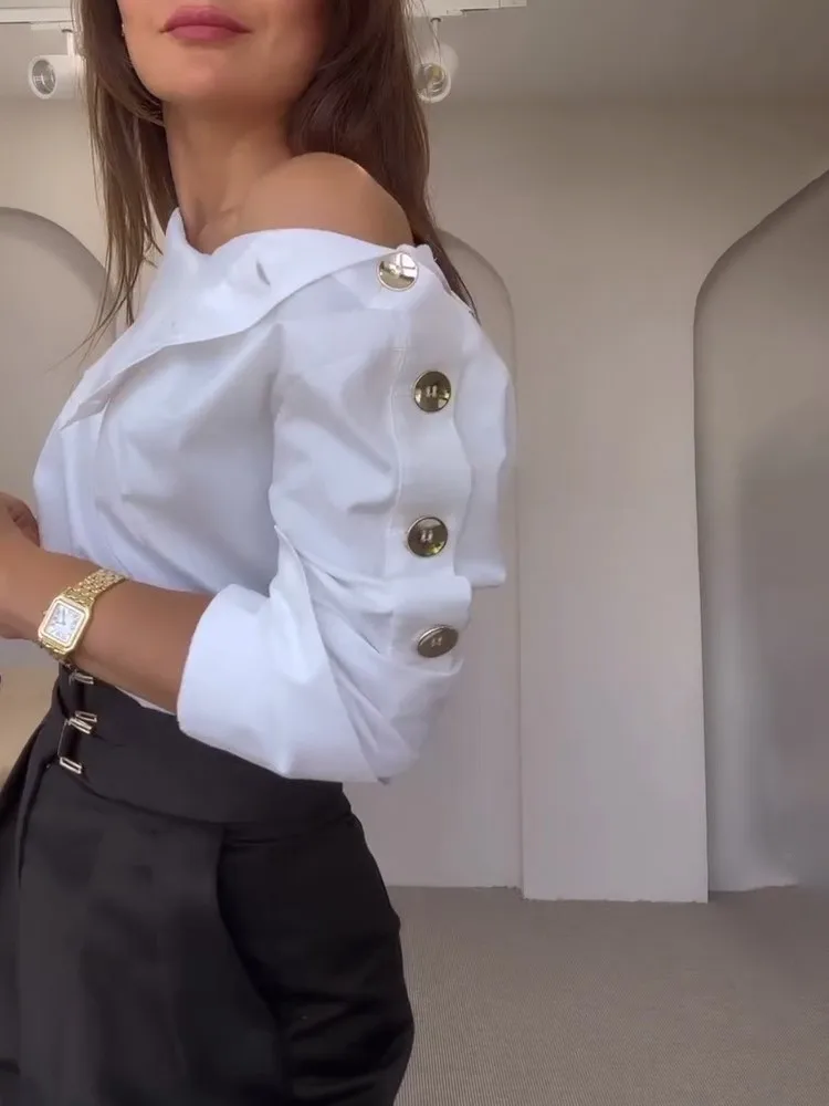 

Весенние шикарные белые офисные рубашки для женщин: новая модная женская блузка с длинным рукавом на пуговицах, повседневная, 2026
