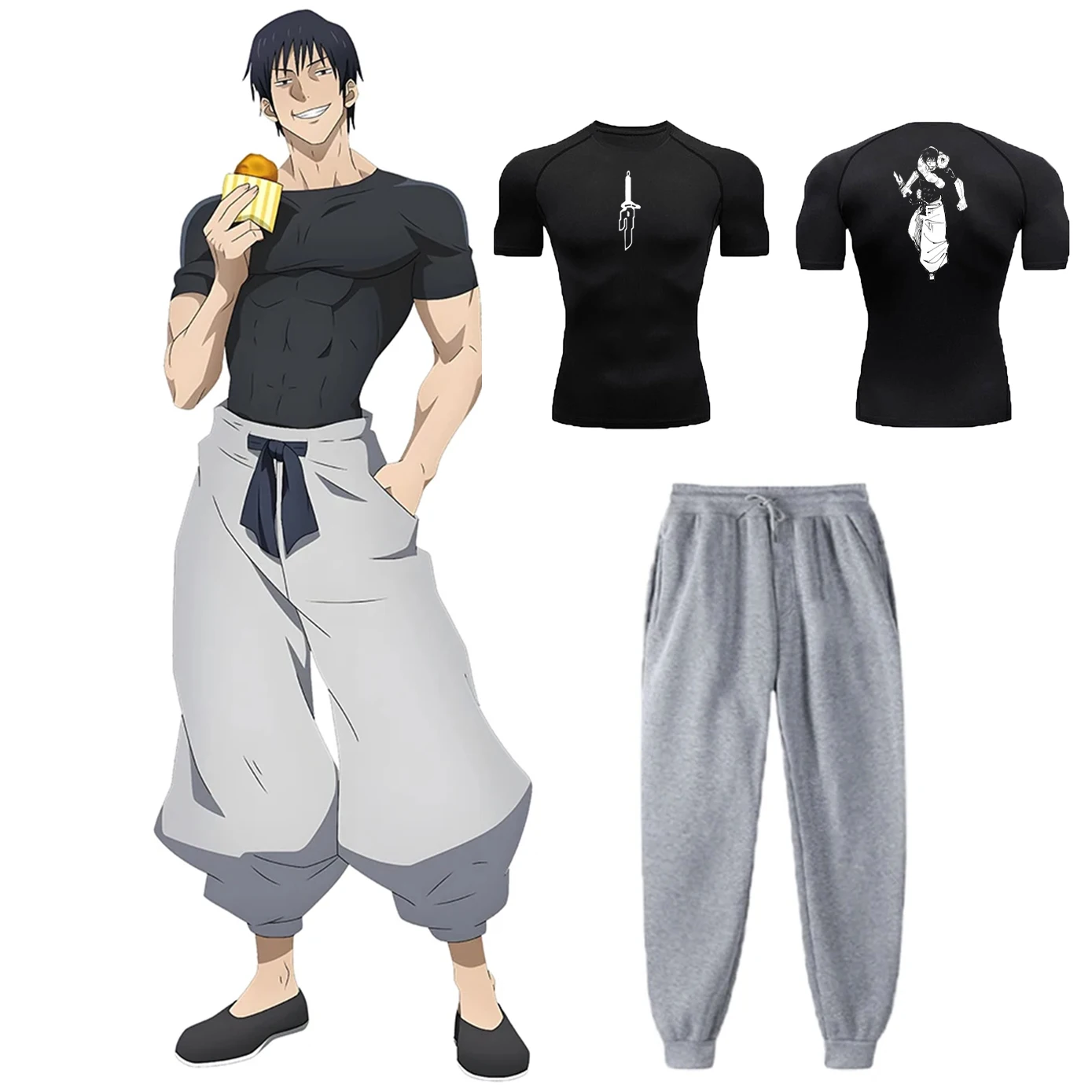 Anime Jujutsu Kaisen Toji Compression Shirt Set Casual Performance Set Men\'s Athletic Workout Quick Dry Tee+Sweatpants Unisex