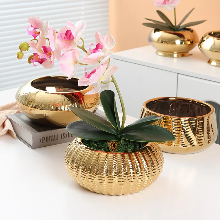 Electroplated Golden Flowerpot Large-diameter Ceramic Flowerpot Office Desktop Decoration Flowerpot Home Planting Accessories