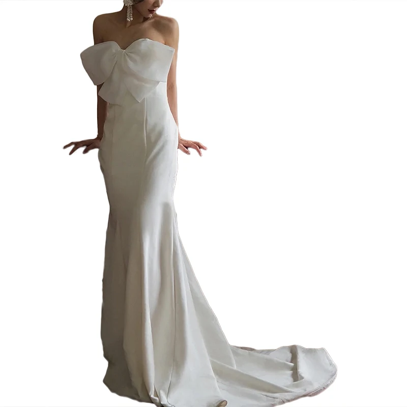 Vestido de novia sirena 2024 nuevo satén sin tirantes gran lazo-nudo tren pequeño Vestido elegante dulce vestidos de noche formales personalizados