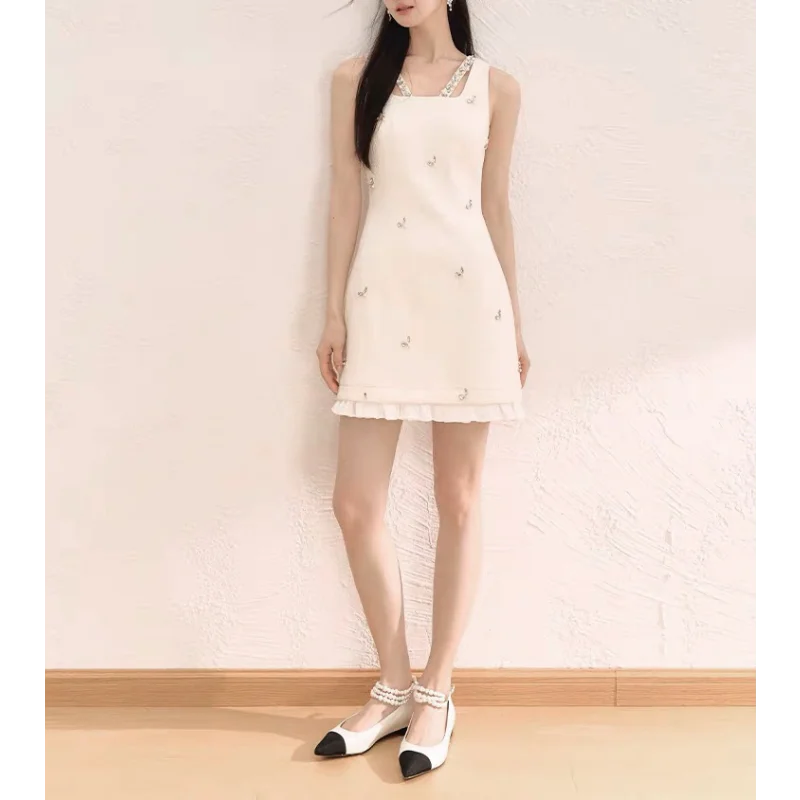 Feminino francês branco pequena fragrância sem mangas vestido frisado folha de lótus doce moda festa de casamento sexy colete vestido feminino