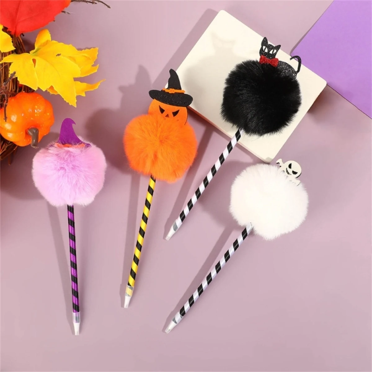 4Pcs/Set 0.7mm Oil Pen Pompoms Ballpoint Pen Halloween Pen Smooth Writing Pen Pompoms Pen Stationery Supplies for Drop Shipping