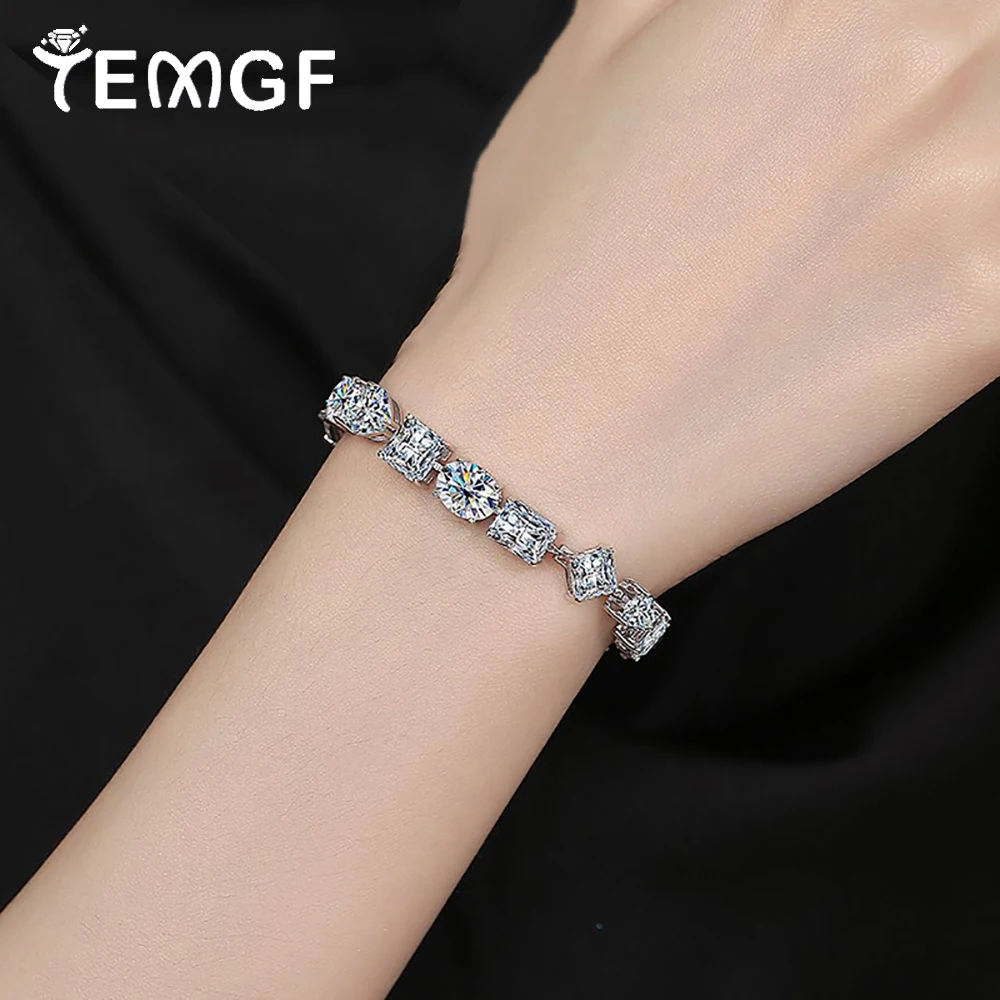 

TEMGF Zircon/Moissanite Bracelets 925 Sterling Silver 17cm Chain for Women Full Irregular Inlaid Sparkling Fine Jewelry 29.4CTTW