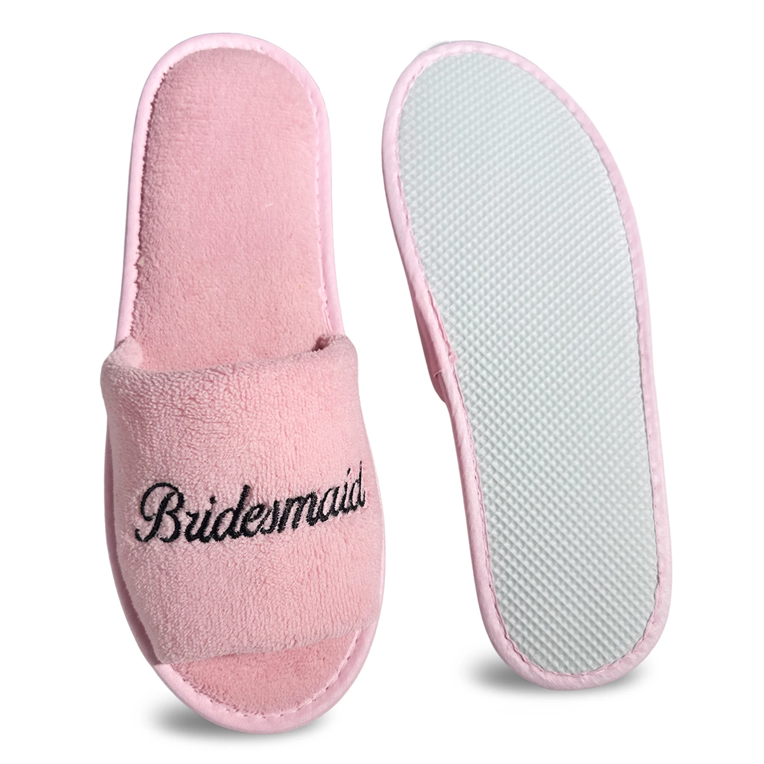 Pink Bridesmaid & Team Bride, Wedding Party Guests Home Slip On Shoes Bridal Party Slippers Set, Open-toe With Black Embroidery