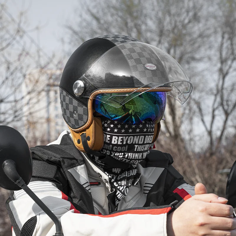 

Black Lattice 3/4 Open Face Motorcycle Helmet with Leather Outer Shell Rugged Utilitarian ECE Safety Approved for Cold Weather