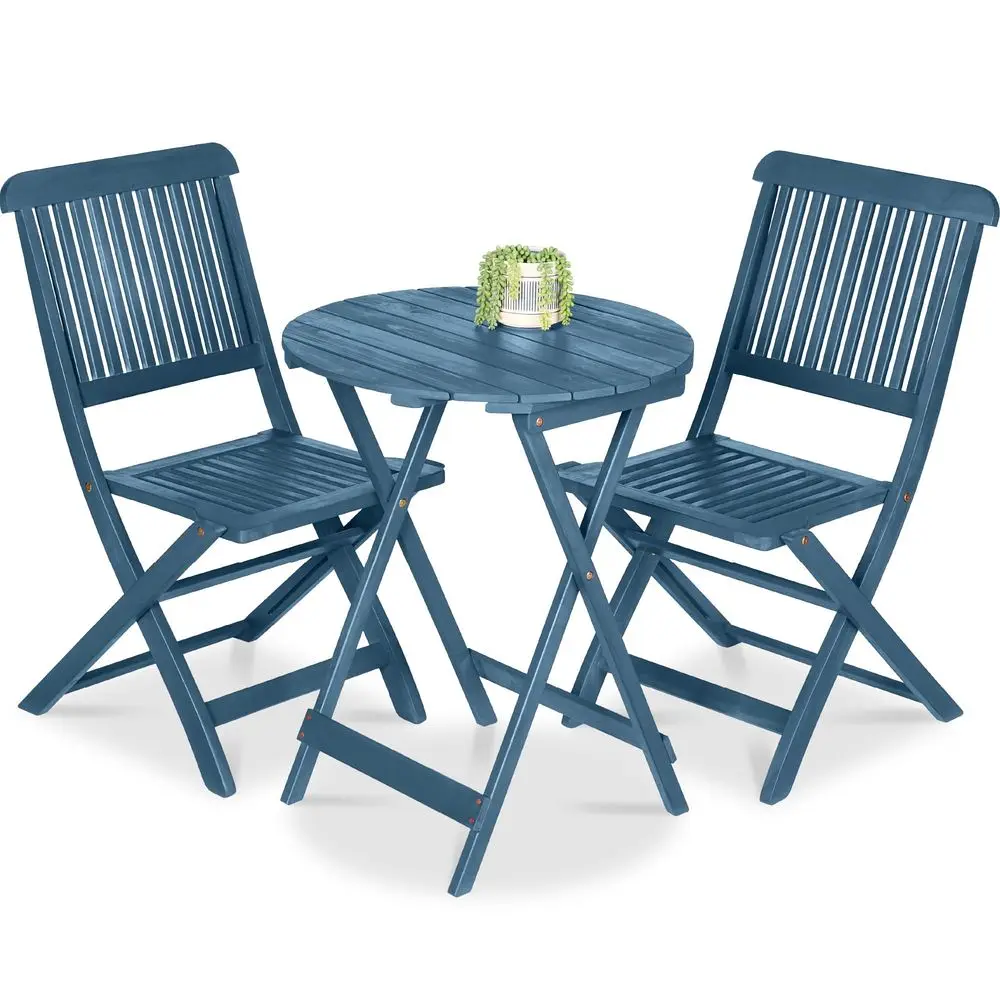 

3Piece Acacia Wood Bistro Set, Folding Patio Furniture for Backyard, Balcony, Deck w 2 Chairs, Round Coffee Table, Teak Finish