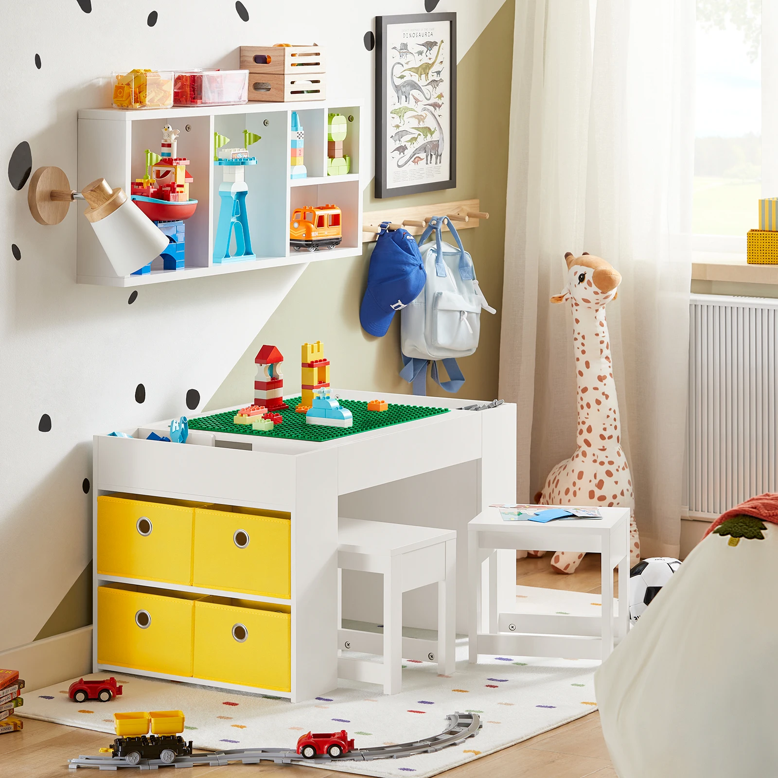 SoBuy KMB75-W Mesa infantil con 2 sillas, juego de mesa y sillas para niños, grupo de asientos infantiles con almacenamiento, mesa de juegos, blanco, 87x50x50cm