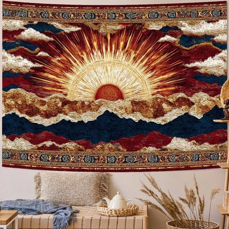 VIKAMA Vintage Mandala Mountain Sun Tapestry Polyester Wall Hanging Living Room Bedroom Yoga Meditation Retro Boho Home Decor