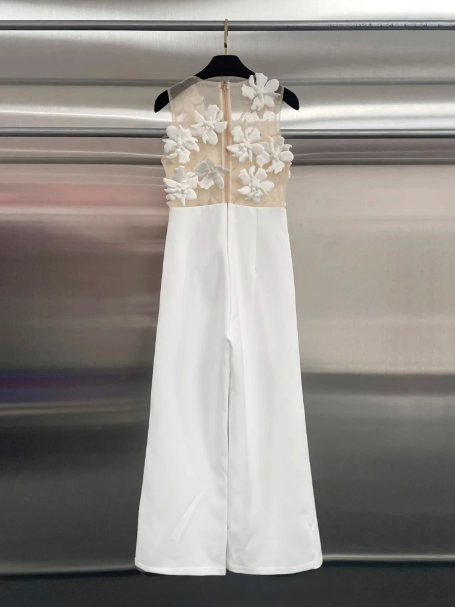 CHICEVER Elegant Spliced Appliques Cutout Jumpsuit for Owmen O Neck Sleeveless High Waist Patchwork Zip White Jumpsuits Female