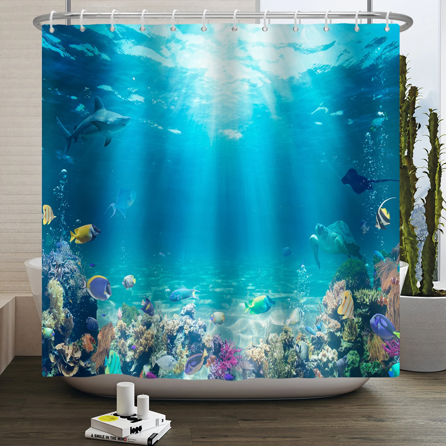 Underwater World Ocean Shower Curtain for Bathroom Seabed Animals Sea Turtle Dolphin Fish Waterproof Bathroom Curtain With Hooks