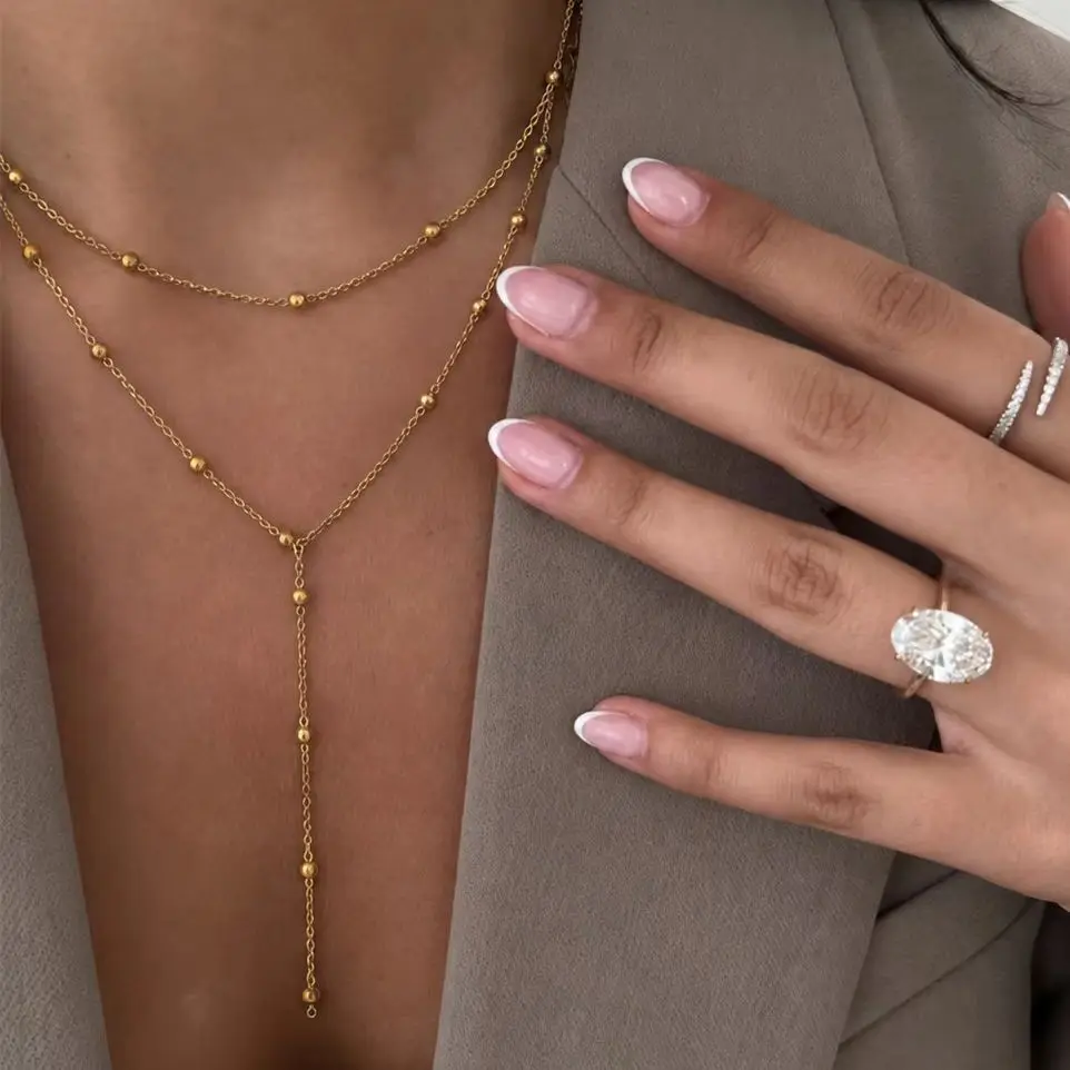 KunJoe 2Pcs/Set 18K Gold Plated Stainless Steel Necklace Women Fashion Sexy Bead Long Collar Chain Waterproof Aesthetics Jewelry