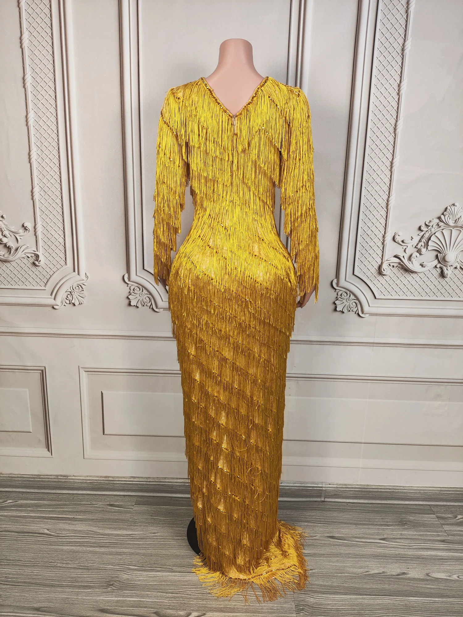 Changxiutitian Luxury Golden Fringe Tassel Maxi Dress Long Sleeve Bodycon Evening Gown For Women Club Prom Performance