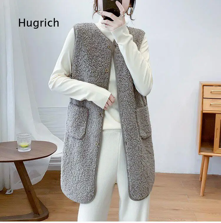 Women Korean Mid Length Faux Lamb Wool Vest Faux Fur Integrated Granular Fleece Sleeveless Gilet Warm Plush Waistcoat For Autum