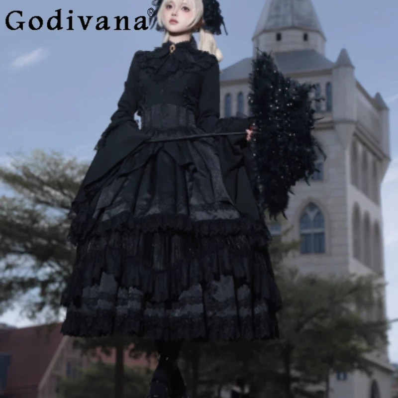 

2XL Personality Lolita Goth Lace Bow Slim Long Sleeves Bottoming Shirt Fashion High Waist A-line Heavy Industry Long Skirts
