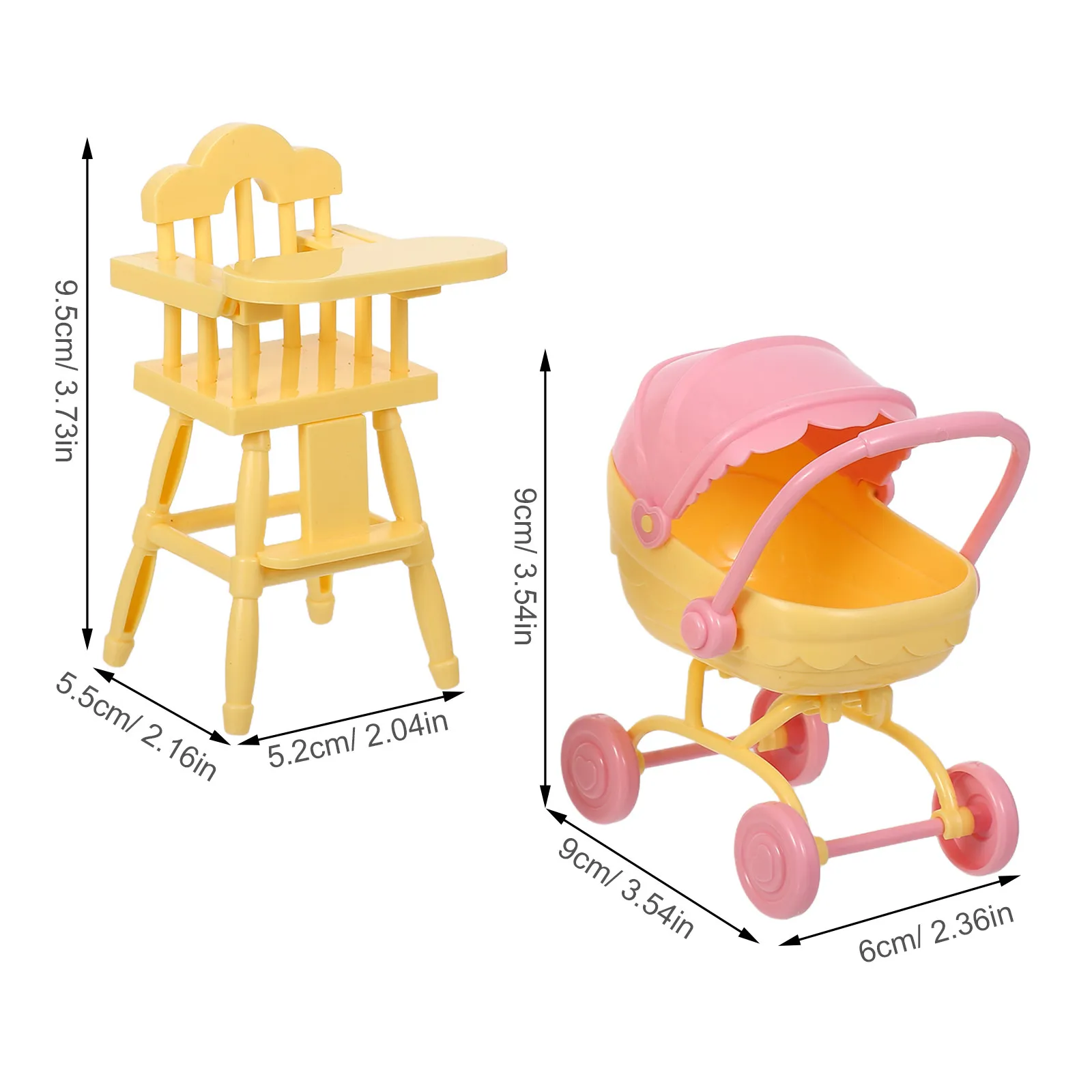 Conjunto Miniatura Realista de Carrinho de Bebê e Cadeira Alta para Acessórios de Casa de Bonecas, Cenário de Brincadeira de Faz de Conta Aprimorado, Casa Minúscula Portátil
