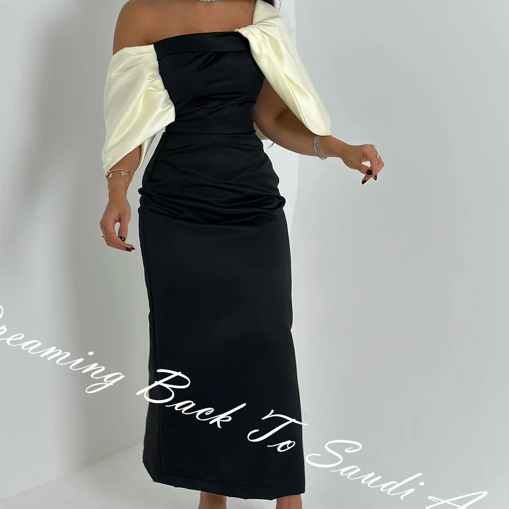 CustomizedClassic Contrast Color Pleat Boat Neck Ankle Length Straight Платье Вечернее Satin Off The Shoulder Girdling Vestidos