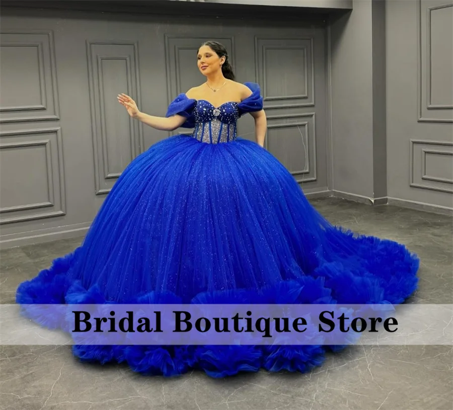 Royal Blue Beaded Quinceanera Dress 2024 Crystals Rhinestones Tiered Ruffles 16th Birthday Ball Gown Vestidos De 15 Quinceañera