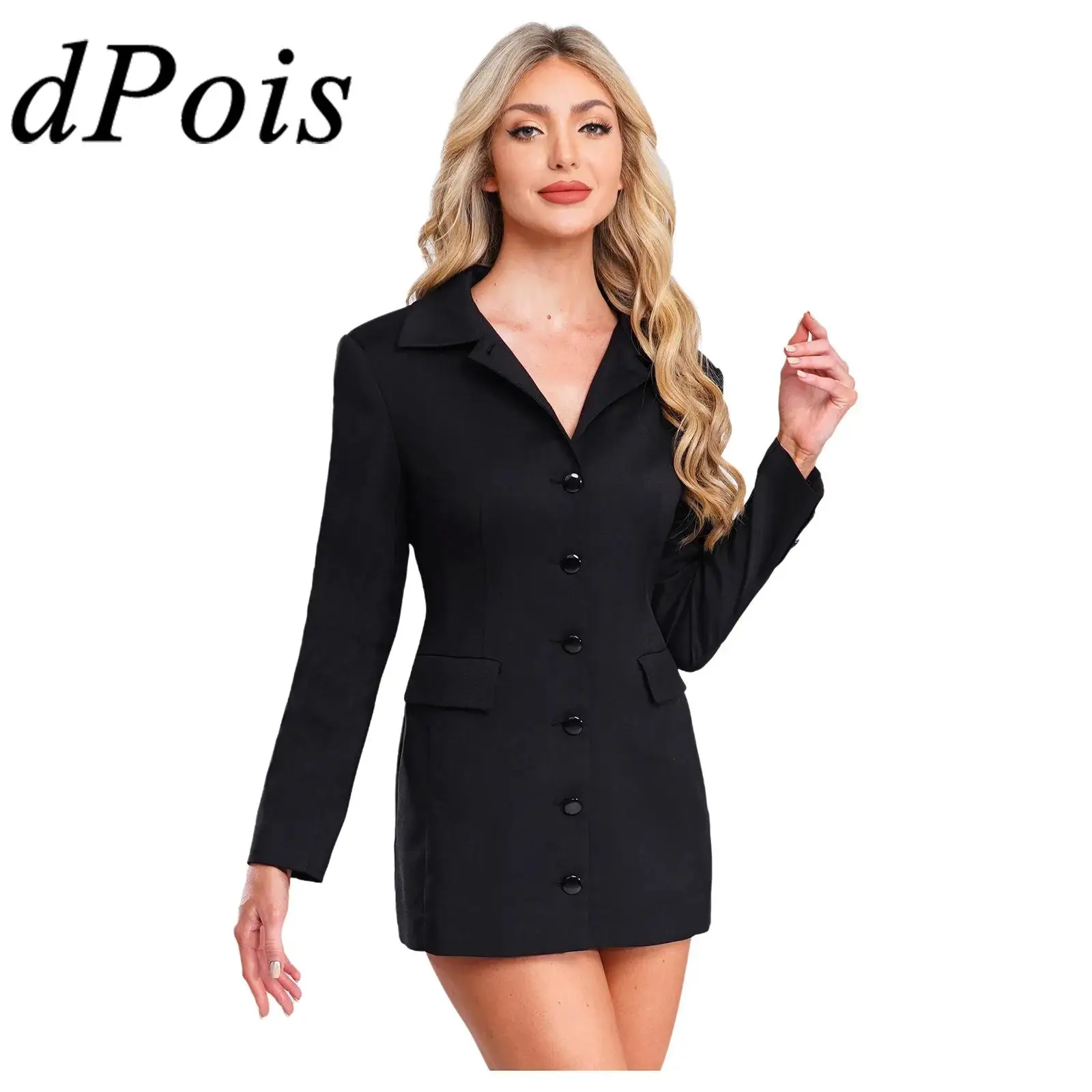 Elegancka damska sukienka-żakiet z długim rękawem, zapinana na guziki, z klapami, dopasowana mini sukienka, długie marynarki do pracy biurowej, formalne garnitury, sukienka.