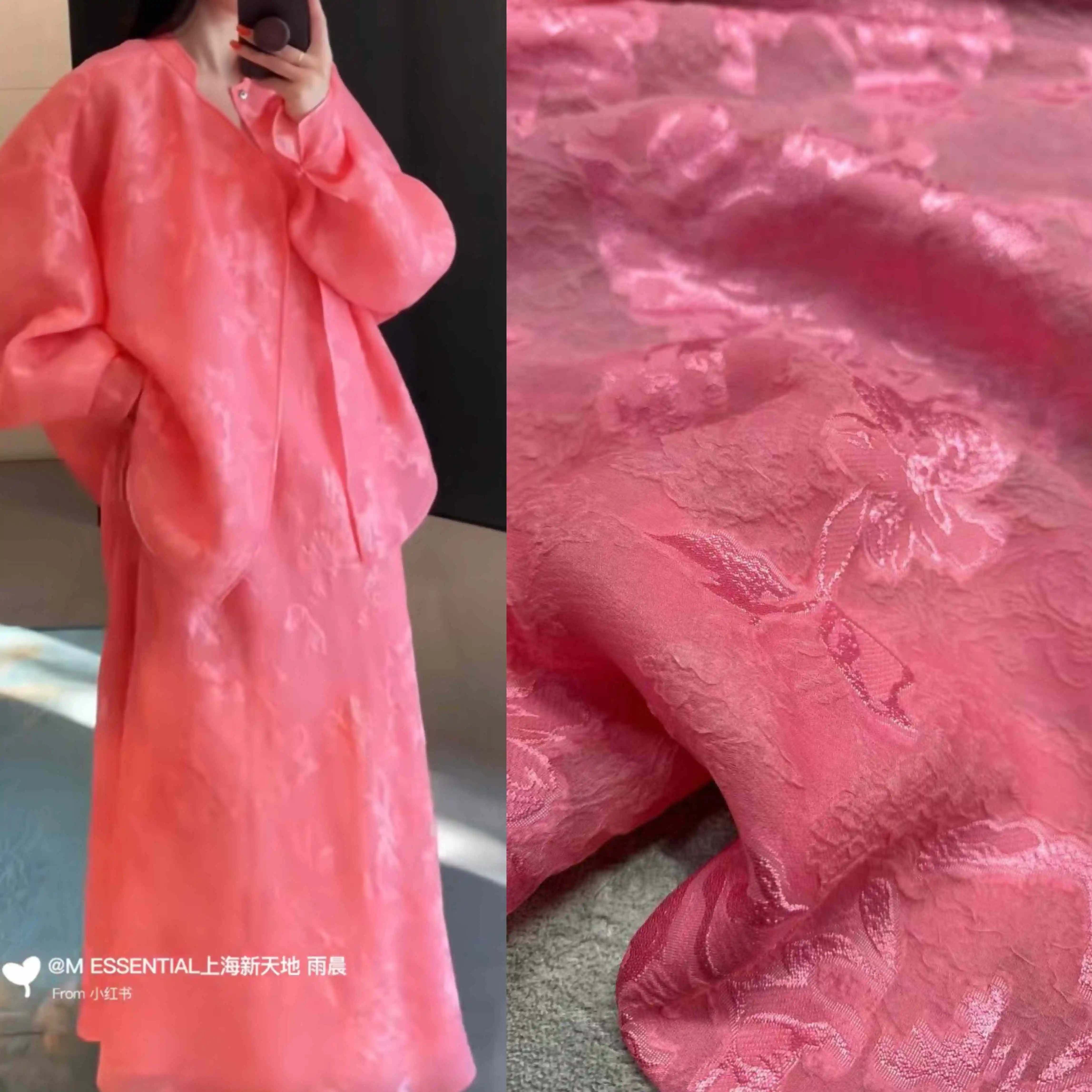 

PINK Real Silk Fabric Jacquard Cut Flower 18momme Spring and Summer Suit Dress, New Chinese Style