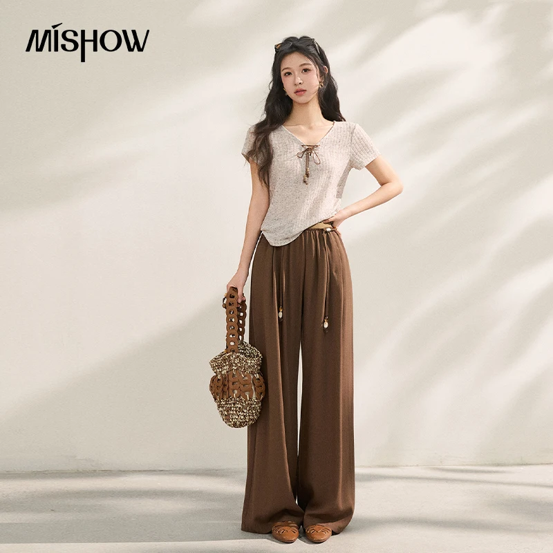 MISHOW Women's V-Neck Tie-Up Knit T-Shirt 2026 Summer New Wood Bead Drawstring Silm Fit Tee Casual Short Sleeve Top MXF22T1549