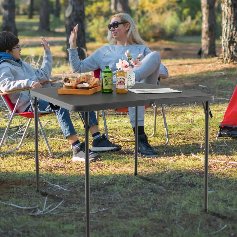 Folding Camping Table With All-Weather HDPE Tabletop And Rustproof Steel Frame-Gray