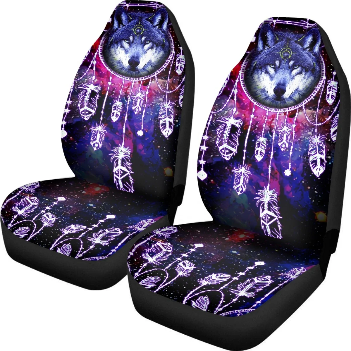 Tribal Navajo Dream Catcher Wolf Design Auto Front Seat Cover Set Slip-Resistant Easy to Install Car Seat Cover Car Accessories