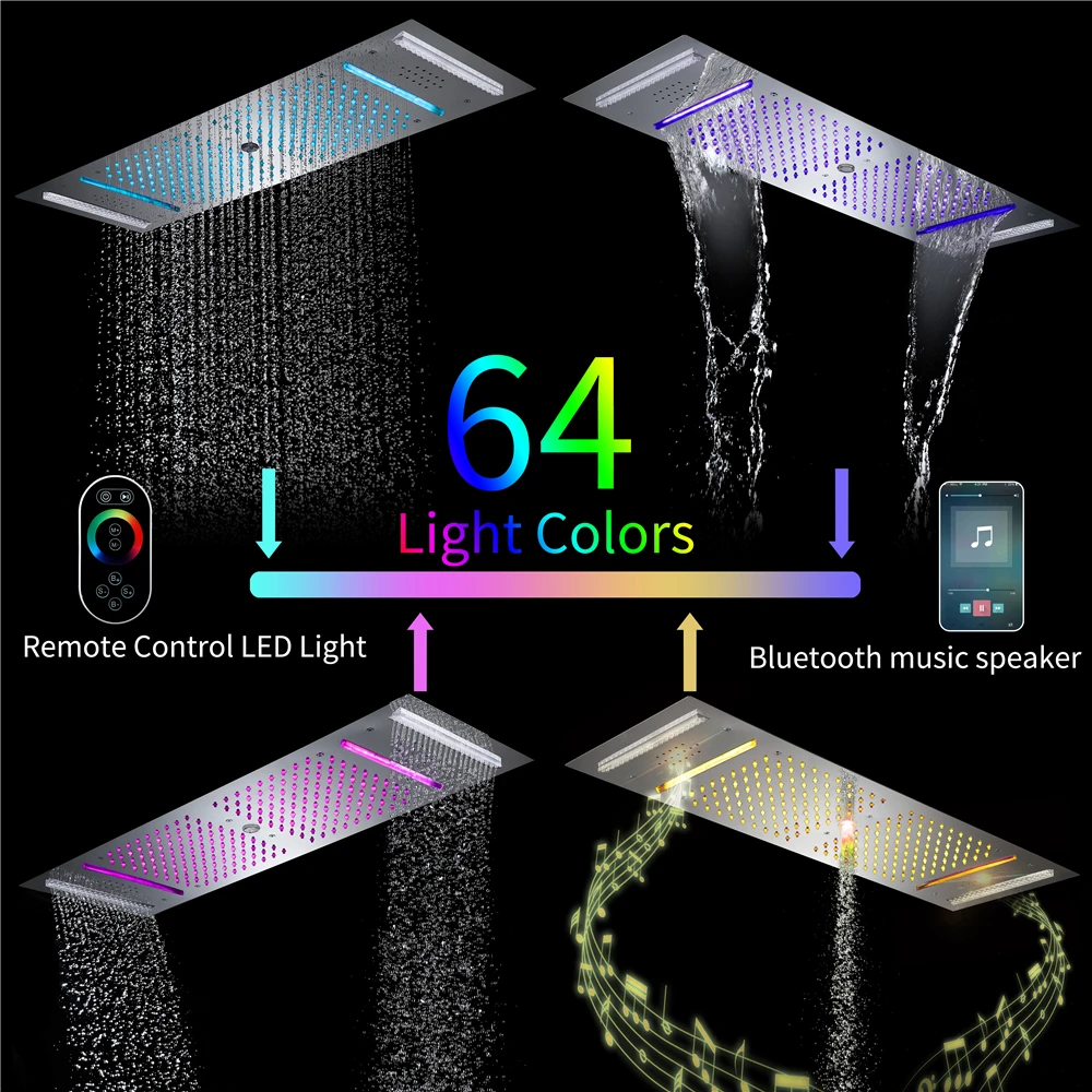 Music Led Shower 36*12 Inch Ceiling Embedded Rain&Waterfall Shower Head Temperature Display Hot&Cold Water Led Shower Set System
