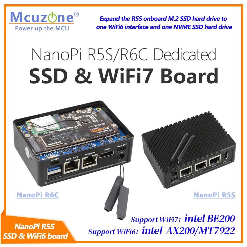 NanoPi R5S R6C Dedicated NVME SSD & WiFi7 Board,BE200,MT7922,AX200 RTL8822CE,debian