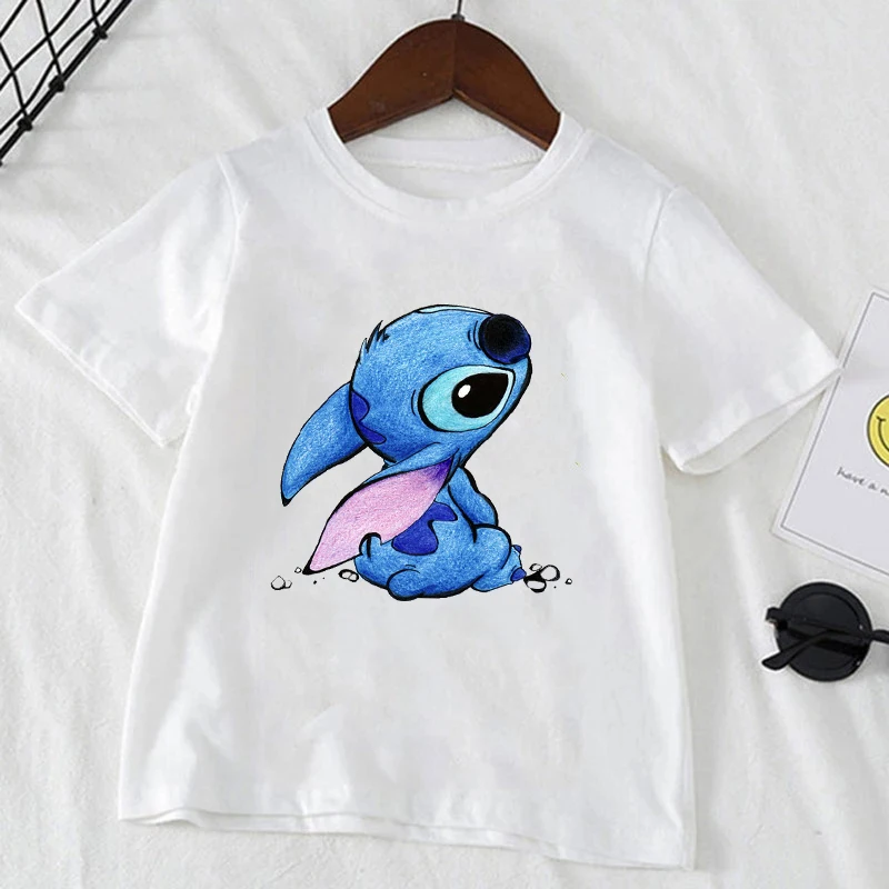 Cute Disney Stitch Print Kids T-shirts Summer White Short Sleeve Boys Girls Tee Shirt Child Cartoon Harajuku Tops Clothes