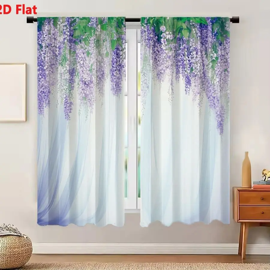 2Pcs Curtains 2D Flat Serene Wisteria Flower And Cascading Sheer Light Blue White Fabric Arrangement For Tranquil Beauty Scene W