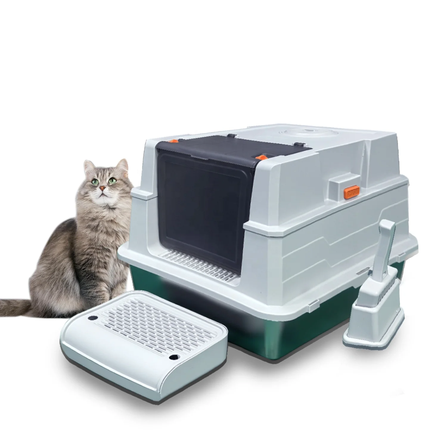 

New Design Easy Clean Semi-enclosed Stainless Steel Cat Litter Box Large Cat Toilet Splash-proof Bedpan with Plastic Scoop